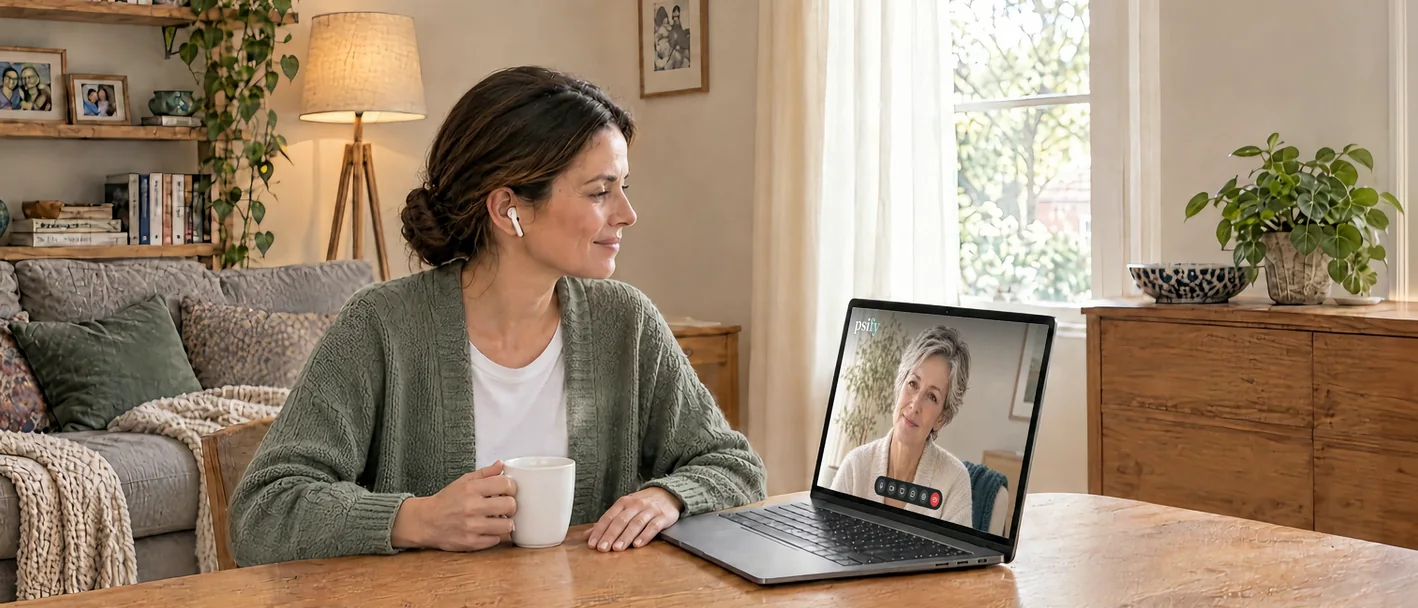 Psihoterapie online pe Psify: o femeie, acasă, la masă, cu o cană de cafea, într-o ședință video cu psihoterapeuta ei, care îi vorbește de pe ecranul laptopului.