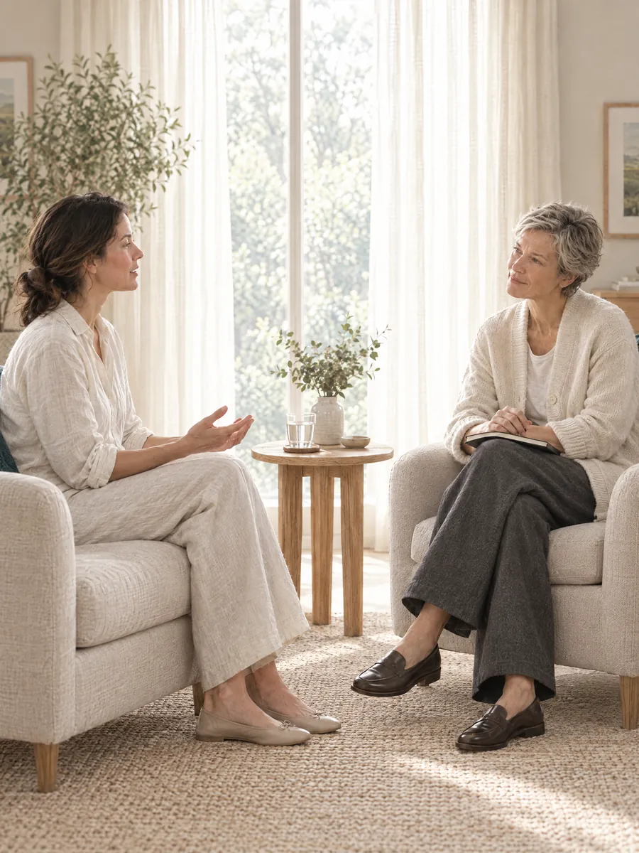 Procesul terapeutic: clienta vorbește, cu mâinile deschise, iar psihoterapeuta din fața ei ascultă și notează.